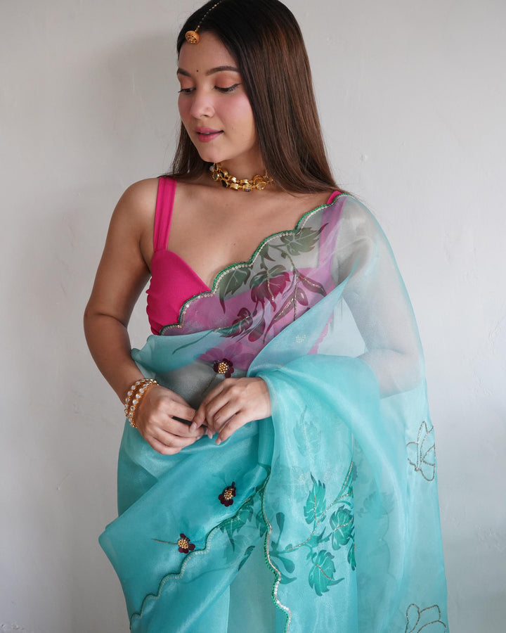 Sky Blue Soft Pure Organza Handwork With Digital Print Saree - PAHRAVA