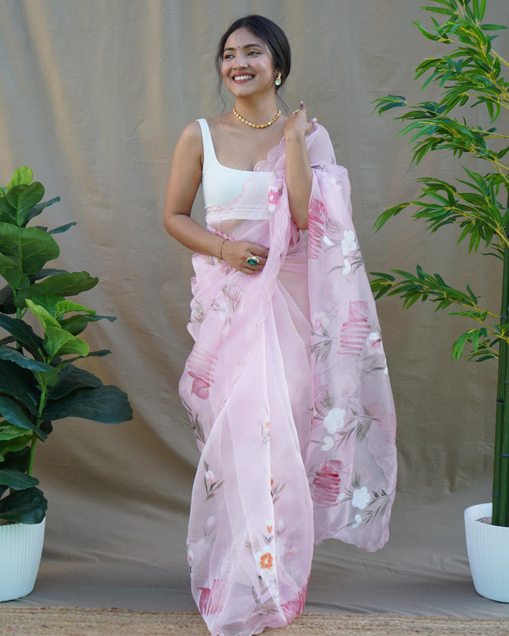 Light Pink Organza Silk With Hand Printed Saree - PAHRAVA