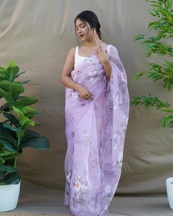 Light Purple Organza Silk With Hand Printed Saree - PAHRAVA