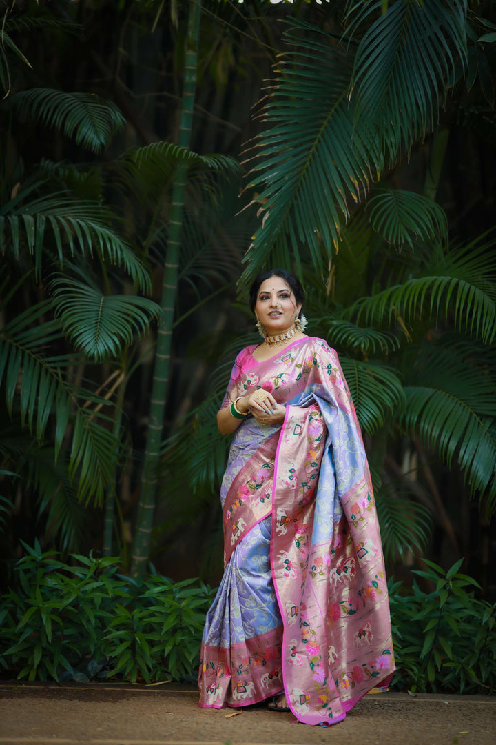 Soft Lavender Paithani And Patola Silk Saree - PAHRAVA