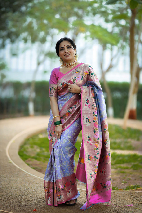 Soft Lavender Paithani And Patola Silk Saree - PAHRAVA