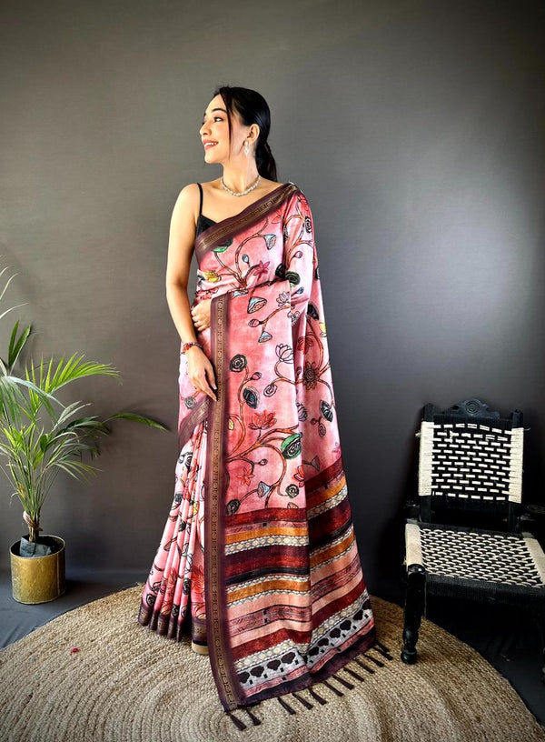 Peachy Pink Soft Silk Freehand Kalamkari Print Saree