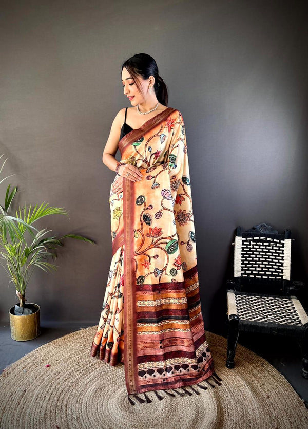 Peach Yellow Soft Silk Freehand Kalamkari Print Saree