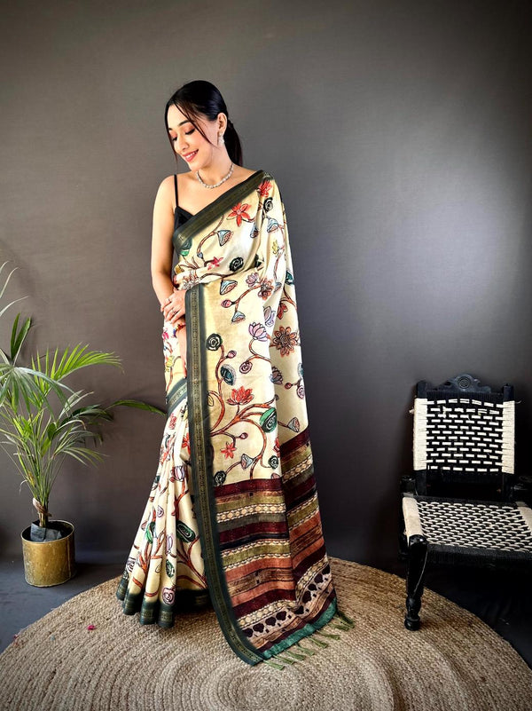 Cream Soft Silk Freehand Kalamkari Print Saree