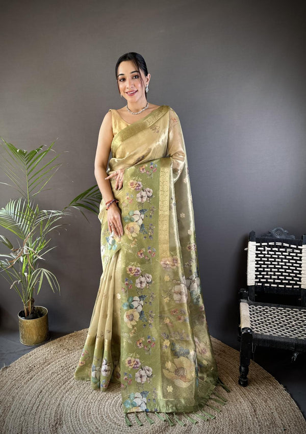 Olive Green Tissue Digital Floral Saree