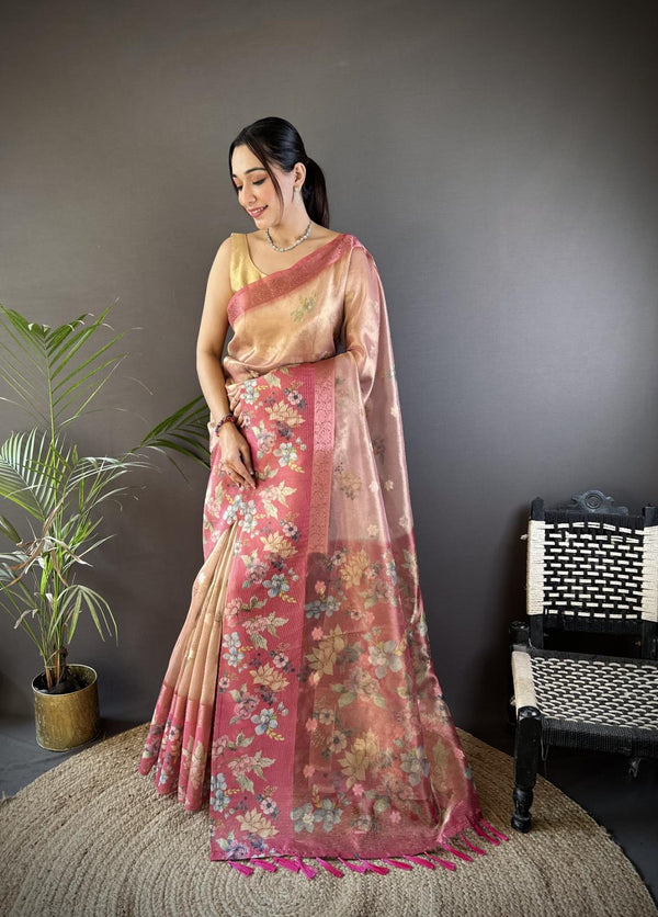 Salmon Pink Tissue Digital Floral Saree