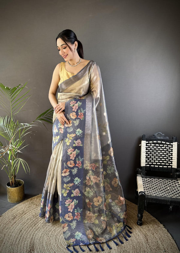 Mid Grey Tissue Digital Floral Saree