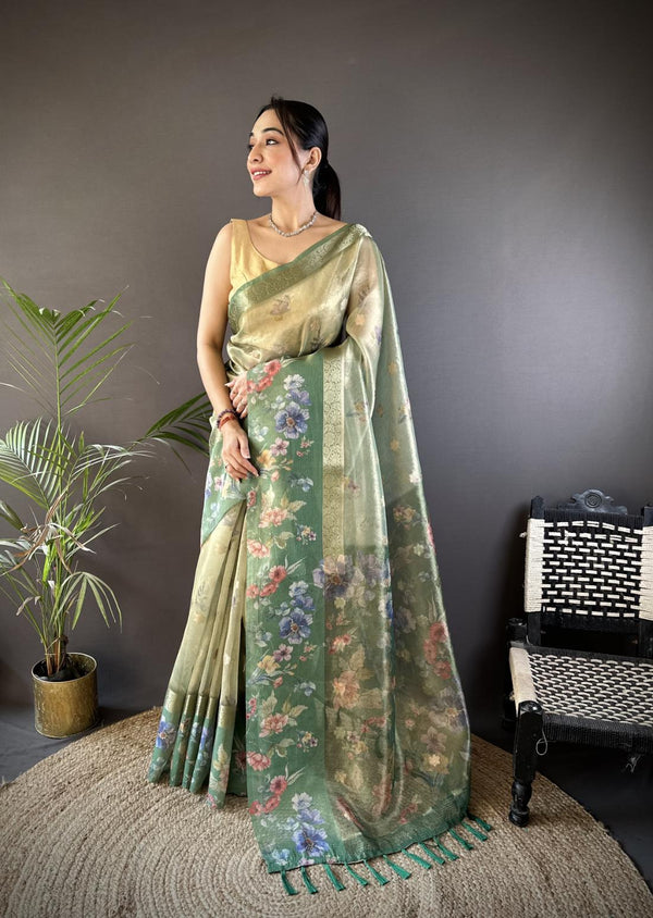 Dark Green Tissue Digital Floral Saree