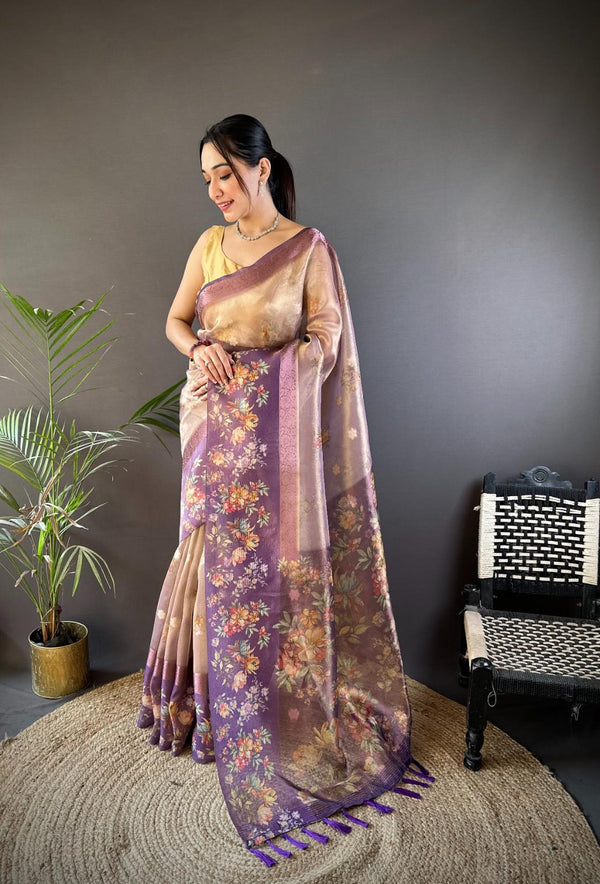 Faded Purple Tissue Digital Floral Saree