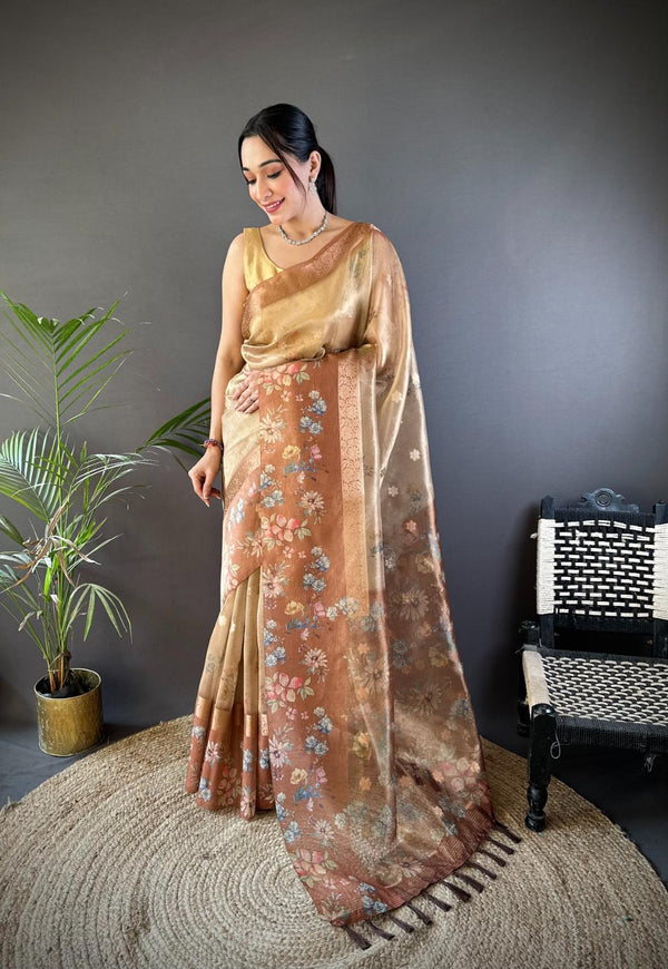 Brown Tissue Digital Floral Saree