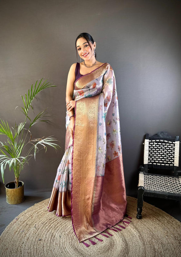 Light Purple Floral Gold Zari Tissue Saree