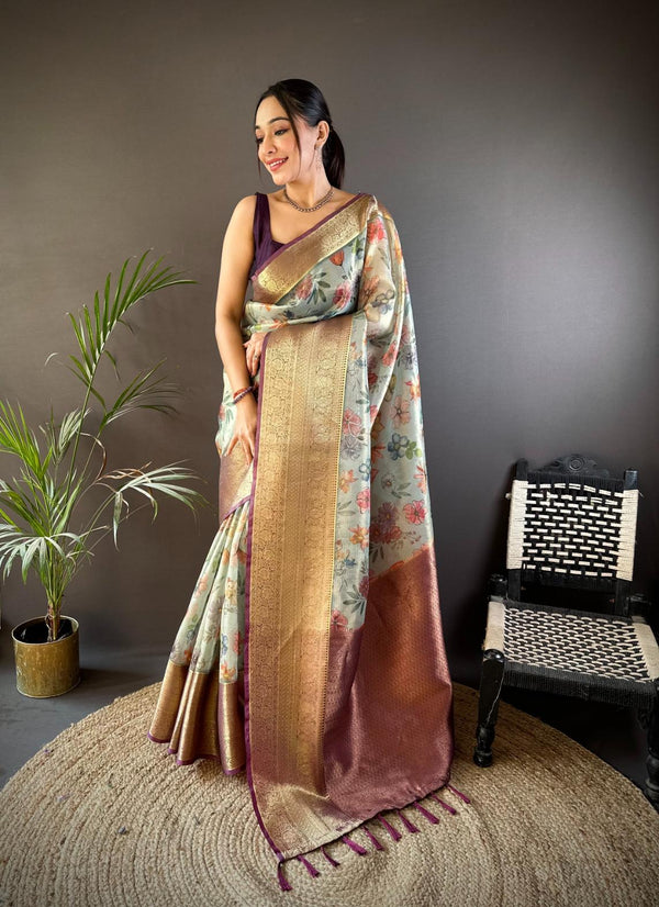 Light Green Floral Gold Zari Tissue Saree