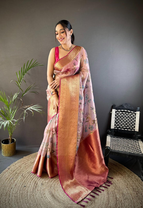 Pastel Pink Floral Gold Zari Tissue Saree