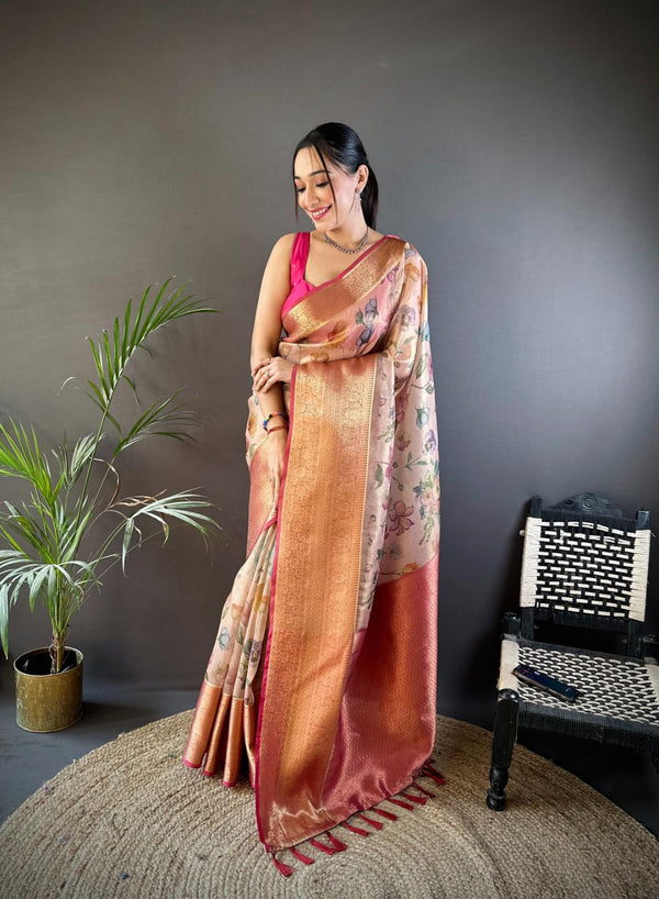 Light Red Floral Gold Zari Tissue Saree