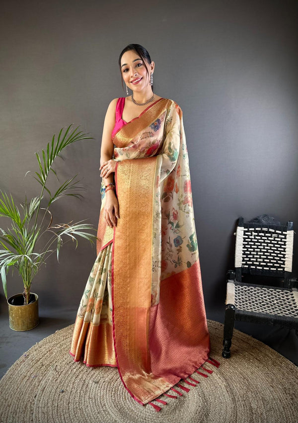 Cream Floral Gold Zari Tissue Saree