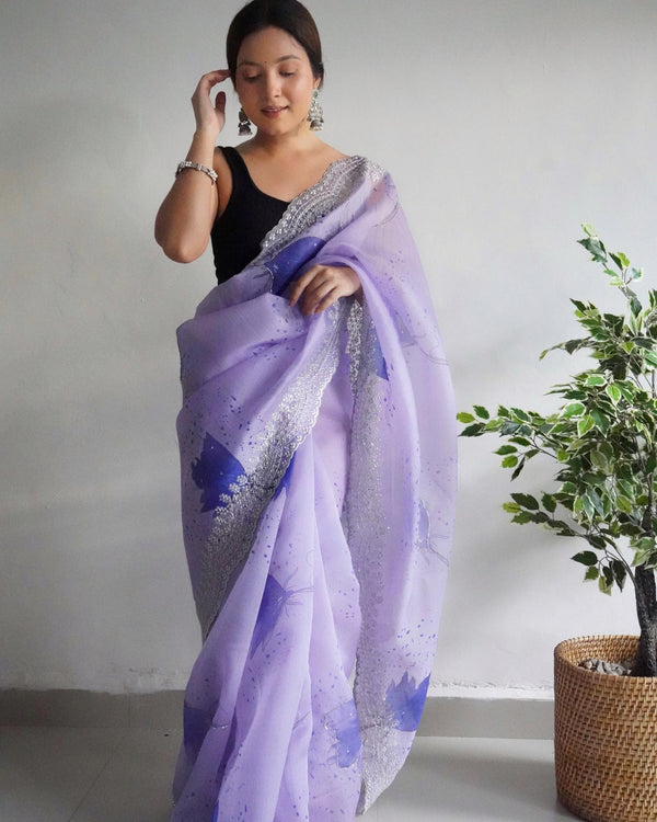 Light Lavender Pure Khadi Organza Silk Saree With Orignal Digital Print With  Pure  Cutwork Border With Fully Handwork Sequence Work - PAHRAVA