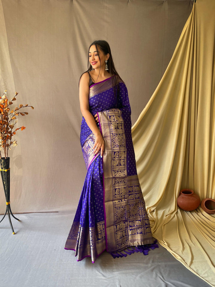 Royal blue soft silk saree with silver and gold checks - PAHRAVA