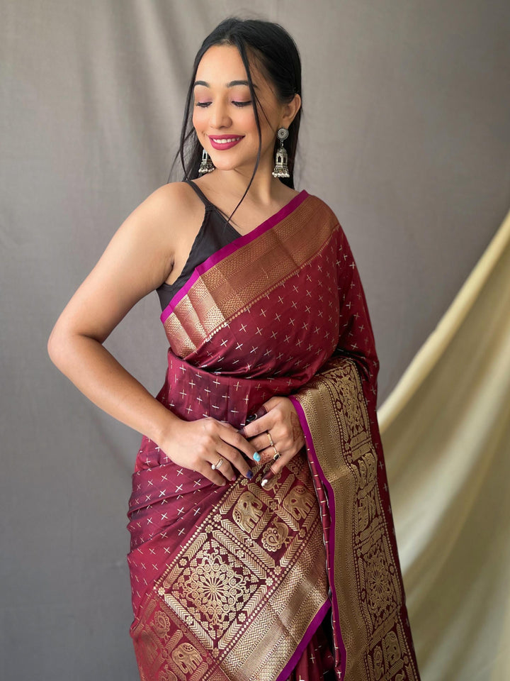 Deep lavender soft silk saree with silver and gold checks - PAHRAVA