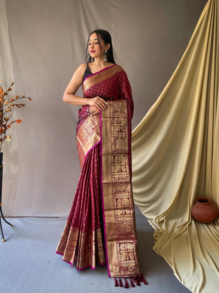 Deep lavender soft silk saree with silver and gold checks - PAHRAVA