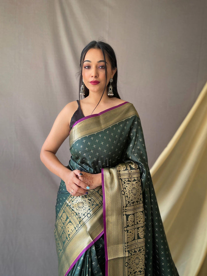 Leafy green soft silk saree with silver and gold checks - PAHRAVA