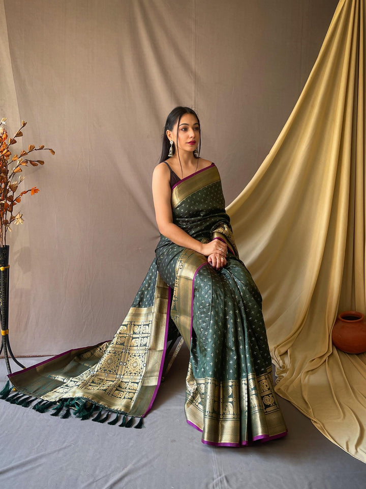 Leafy green soft silk saree with silver and gold checks - PAHRAVA