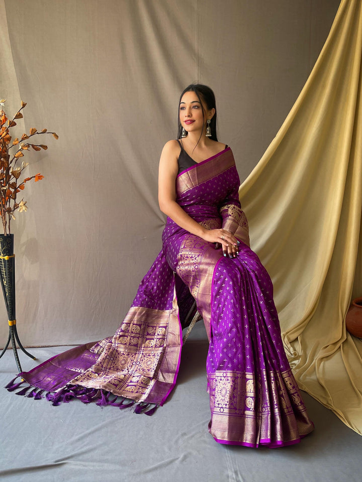 Purple soft silk saree with silver and gold checks - PAHRAVA