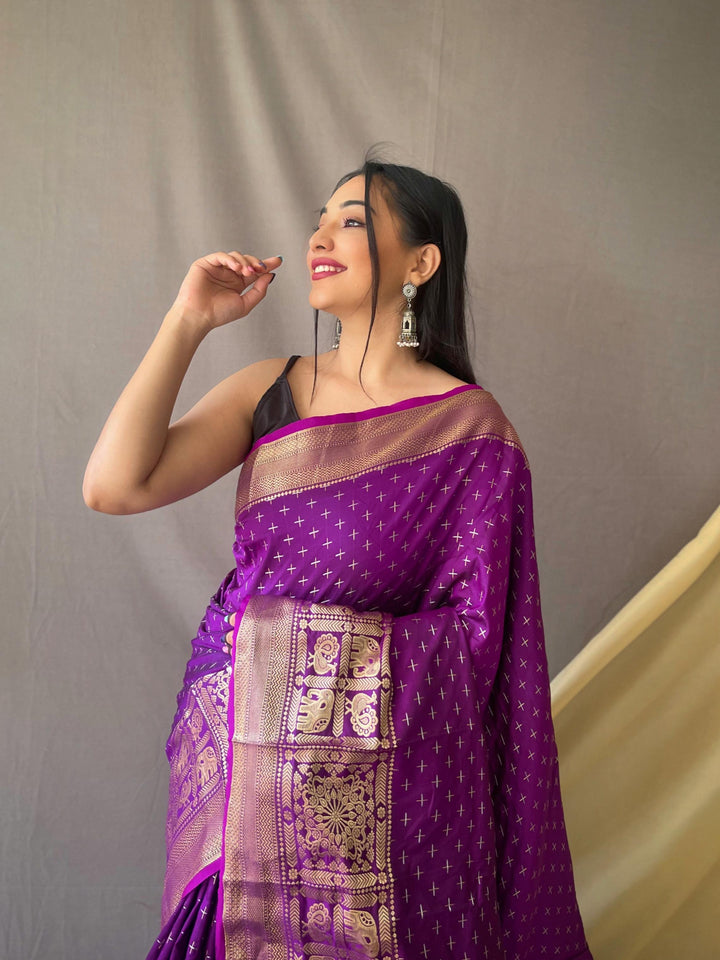 Purple soft silk saree with silver and gold checks - PAHRAVA