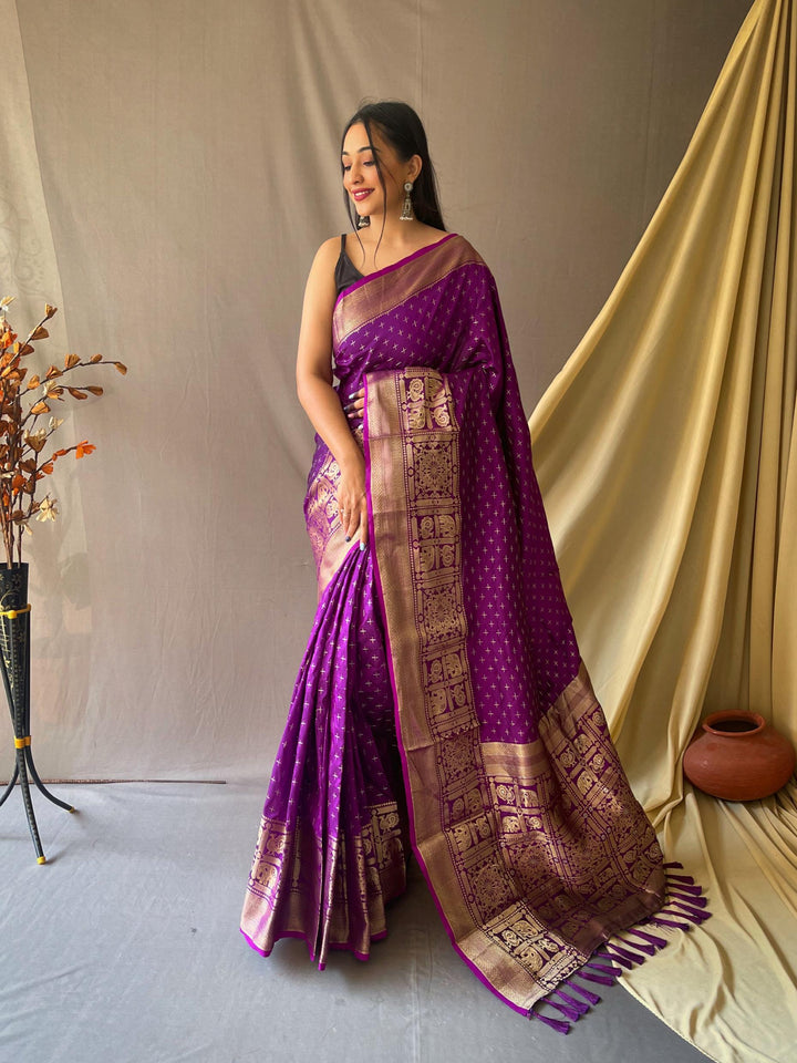 Purple soft silk saree with silver and gold checks - PAHRAVA