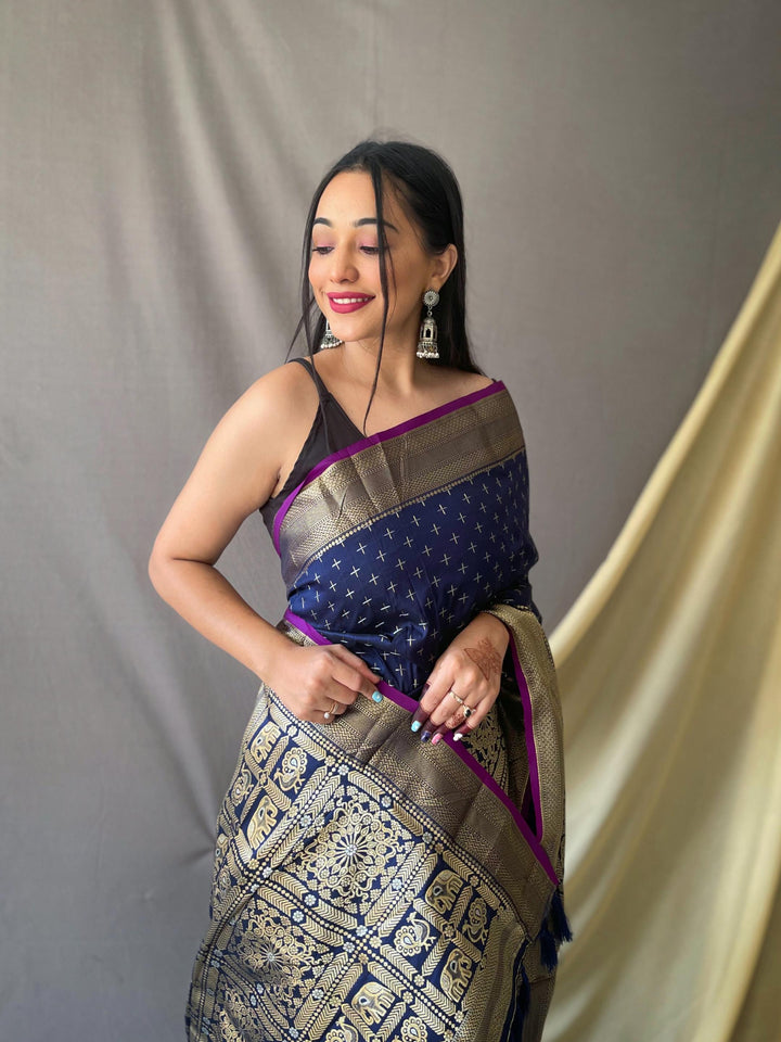 Teal blue soft silk saree with silver and gold checks - PAHRAVA