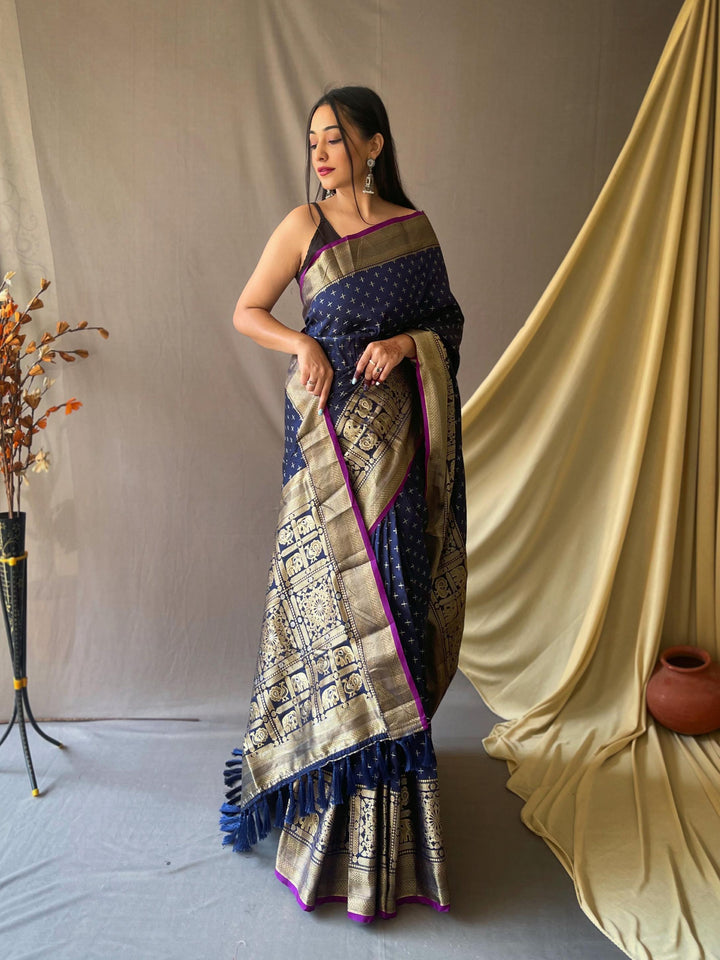 Teal blue soft silk saree with silver and gold checks - PAHRAVA