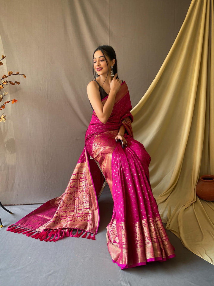 Prism pink soft silk saree with silver and gold checks - PAHRAVA