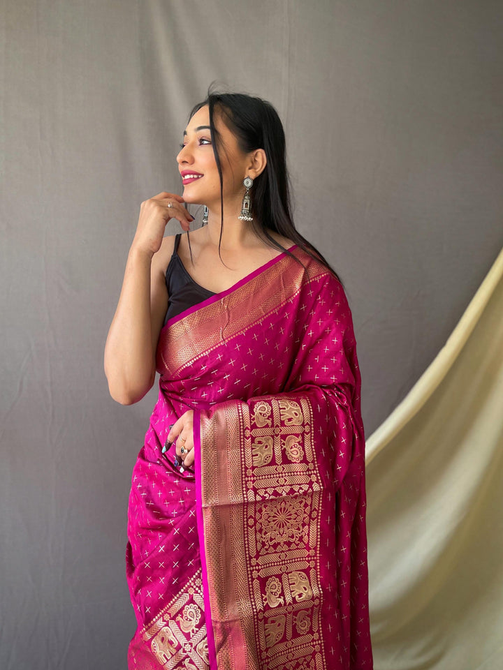 Prism pink soft silk saree with silver and gold checks - PAHRAVA