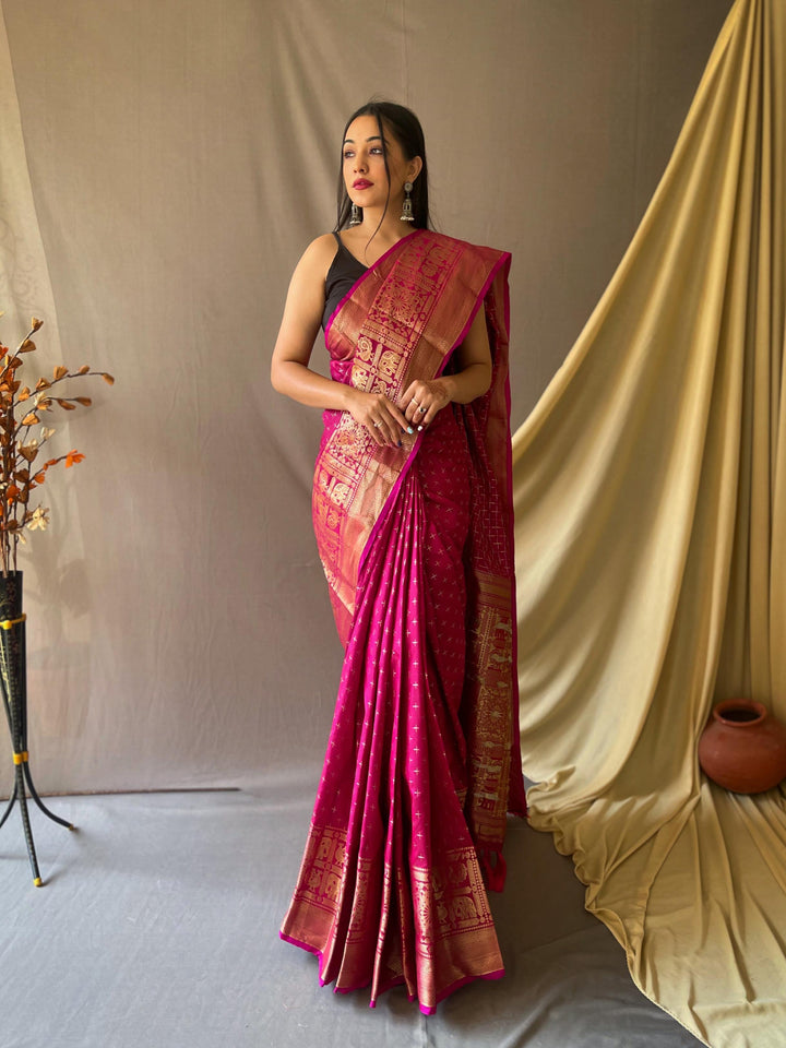 Prism pink soft silk saree with silver and gold checks - PAHRAVA