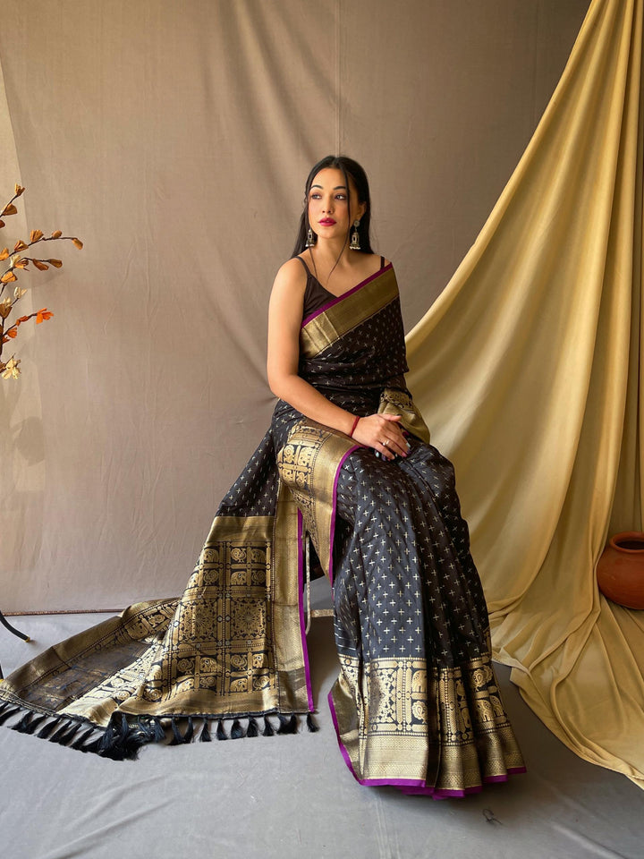 Deep grey soft silk saree with silver and gold checks - PAHRAVA