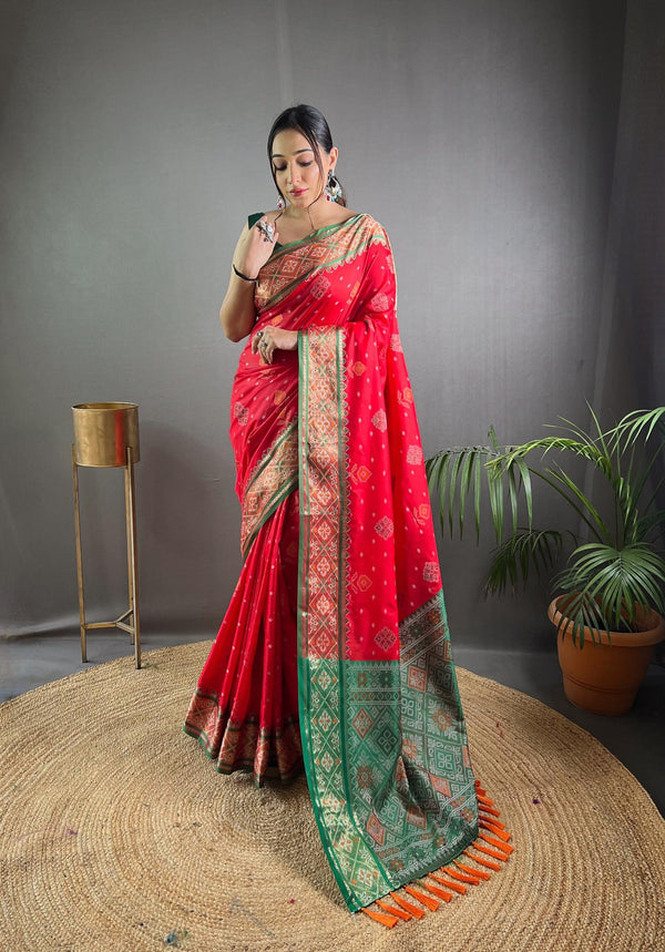 Ruby Red Soft Rangeen Patola Silk Saree - PAHRAVA