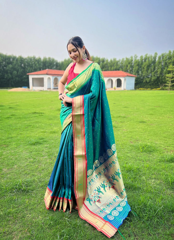 Teal Blue Ganga Jamuna Fusion Paithani Silk Saree - PAHRAVA