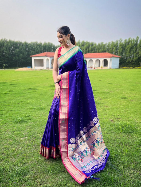 Navy Blue Ganga Jamuna Fusion Paithani Silk Saree - PAHRAVA