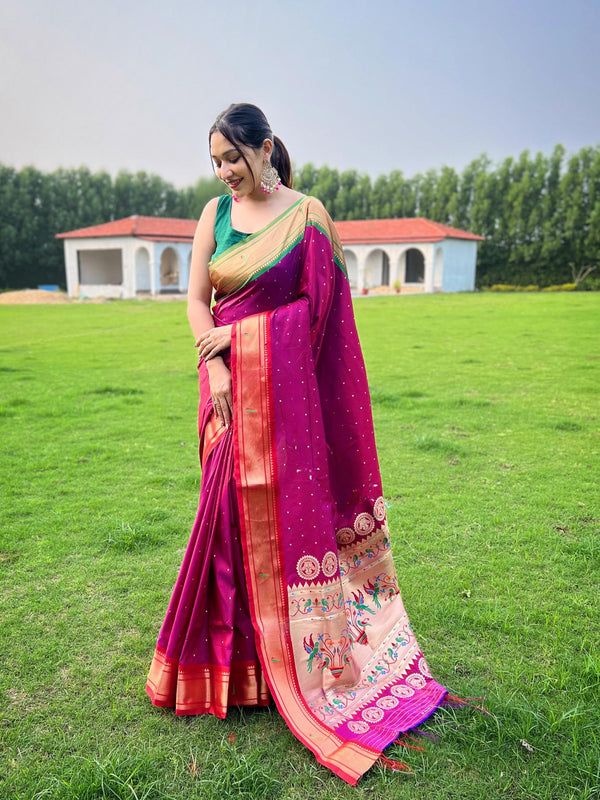 Dark Pink Ganga Jamuna Fusion Paithani Silk Saree - PAHRAVA