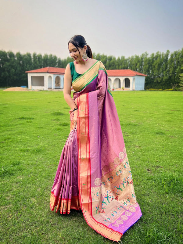 Dusk Pink Ganga Jamuna Fusion Paithani Silk Saree - PAHRAVA