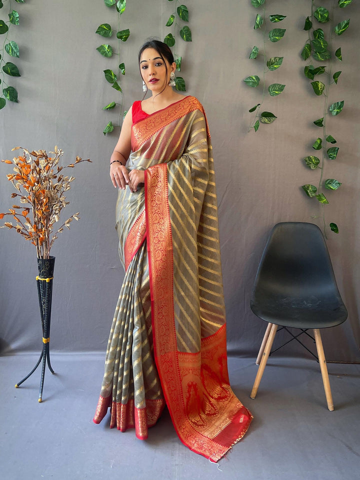 Golden Grey Woven Organza Lehriya Saree - PAHRAVA