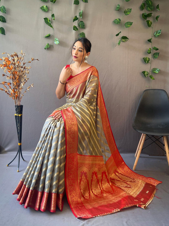 Golden Grey Woven Organza Lehriya Saree - PAHRAVA