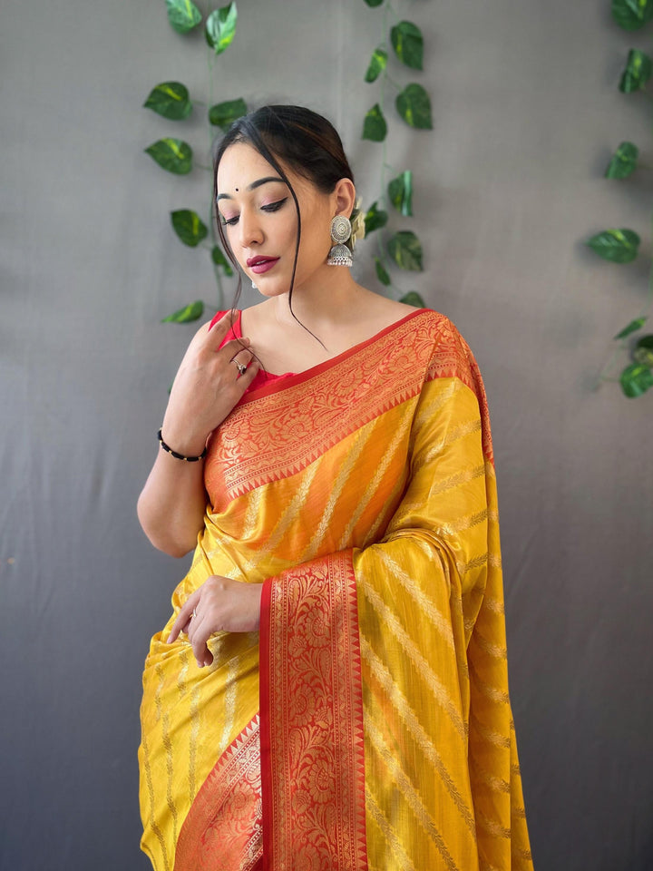 Bright Yellow Woven Organza Lehriya Saree - PAHRAVA