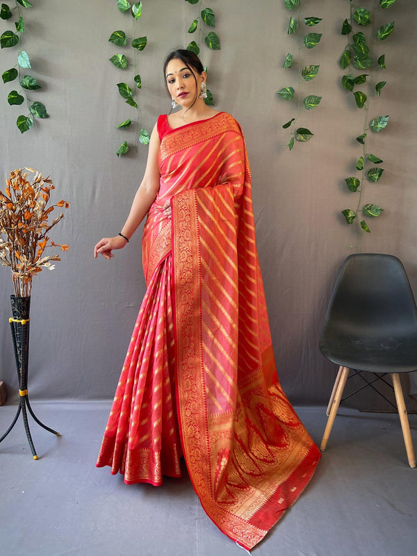 Dark Peach Woven Organza Lehriya Saree - PAHRAVA