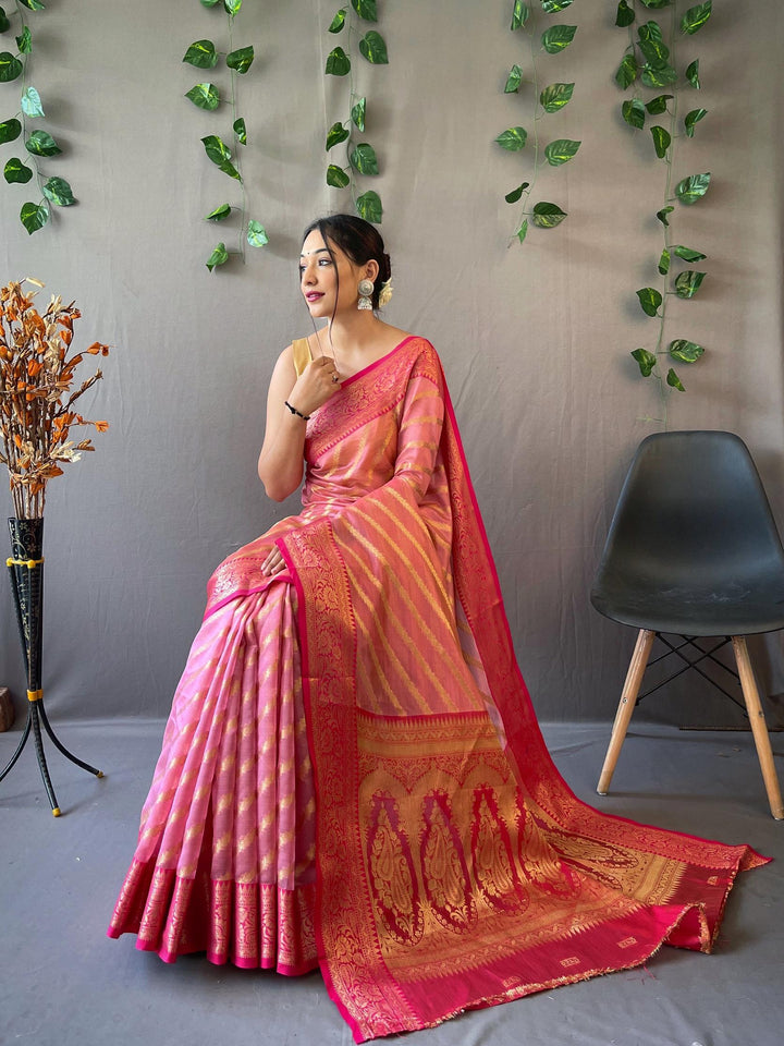 Bright Pink Woven Organza Lehriya Saree - PAHRAVA