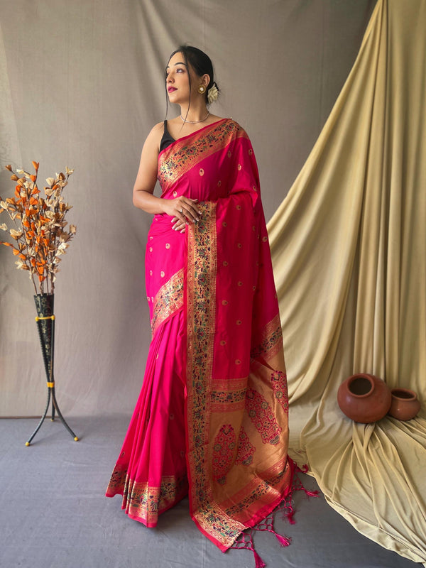 Dark Pink Paithani Soft Silk Saree - PAHRAVA