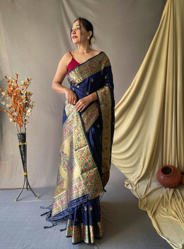 Navy Blue Paithani Soft Silk Saree - PAHRAVA