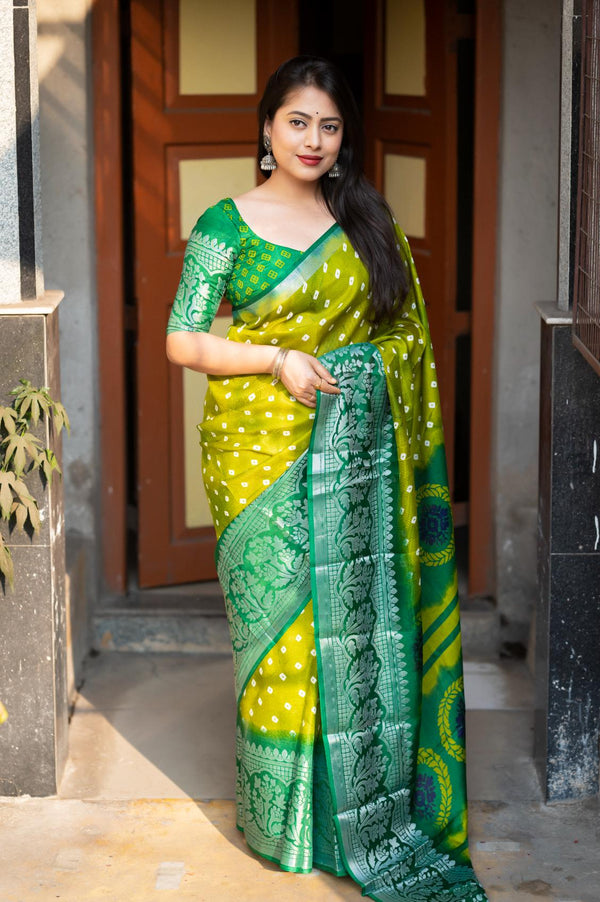 Green With Yellow Soft Jute Silk Saree.