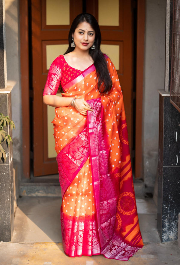 Sunrise Orange Soft Jute Silk Saree.