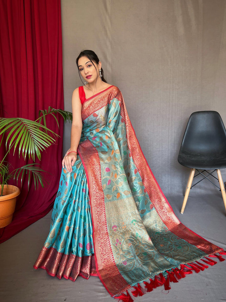 Sky blue pure tussel silk saree with zari and meena work - PAHRAVA