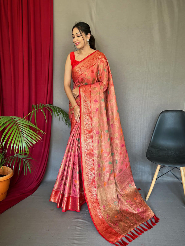 Plum peach pure tussel silk saree with zari and meena work - PAHRAVA